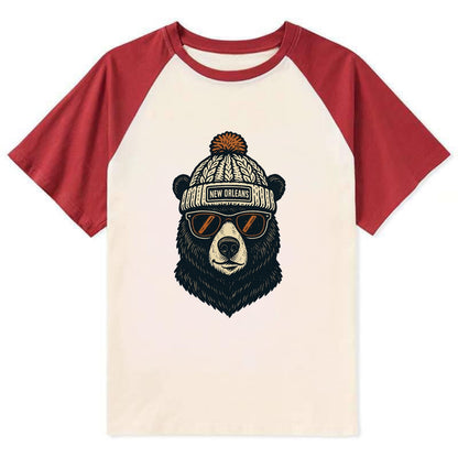 Louisiana Black Bear wearing New Orleans beanie with pom pom and wayfarer - Contrast Raglan T-shirt - Red