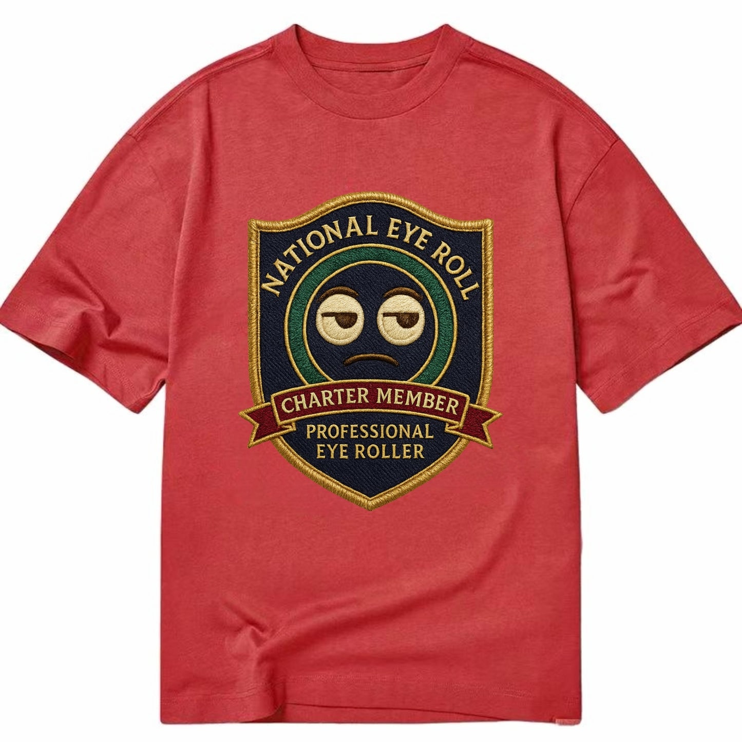Crest with eye roll icon - "National Eye Roll Association - Charter Member" - - Classic T-shirt - Red