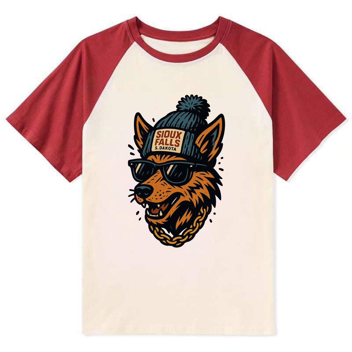 South Dakota Coyote wearing Sioux Falls beanie with pom pom and wayfarer - Contrast Raglan T-shirt - Red