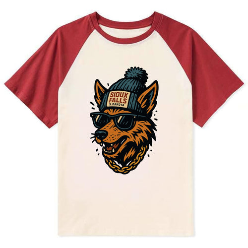 South Dakota Coyote wearing Sioux Falls beanie with pom pom and wayfarer - Contrast Raglan T-shirt