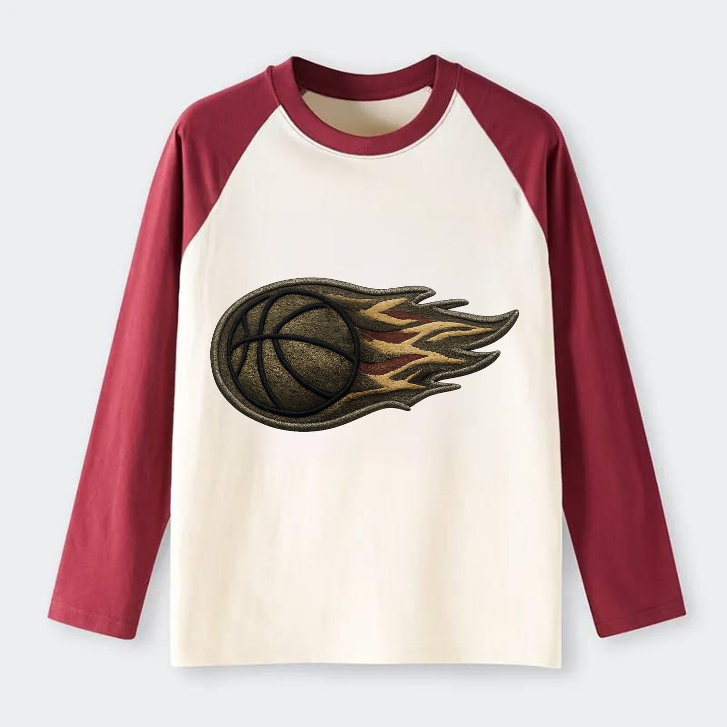 BASKETBALL FLAMING BALL - basketball with flames in orange and red , - Raglan Long Sleeve T-Shirt - Red