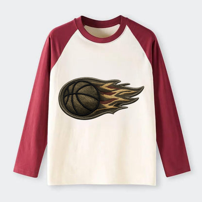 BASKETBALL FLAMING BALL - basketball with flames in orange and red , - Raglan Long Sleeve T-Shirt - Red