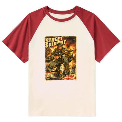COMBAT READY | Military boots on wet pavement | Street soldier | Urban - Contrast Raglan T-shirt - Red