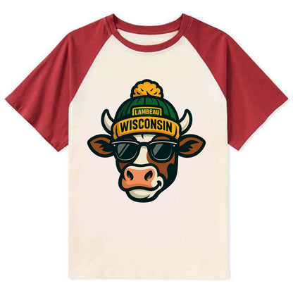 Wisconsin Cow wearing Packers beanie with Lambeau patch and wayfarer - Contrast Raglan T-shirt - Red
