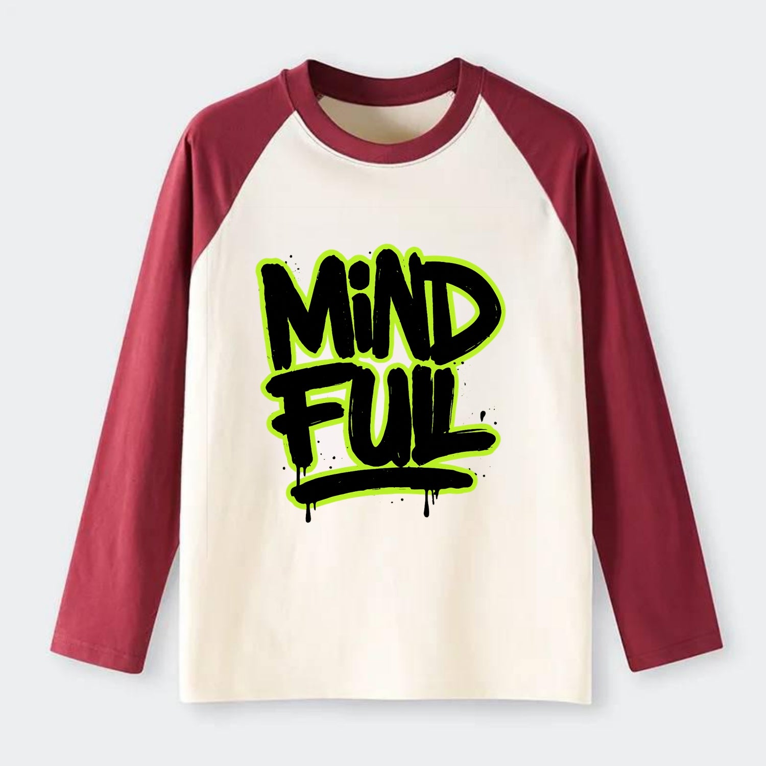 Bold typography design - "MINDFUL" - present awareness, conscious - Raglan Long Sleeve T-Shirt - Red