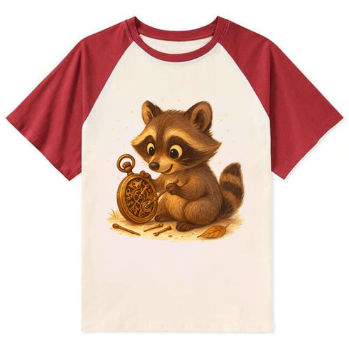 Raccoon tinkering with a steampunk pocket watch using tiny brass tools - Contrast Raglan T-shirt