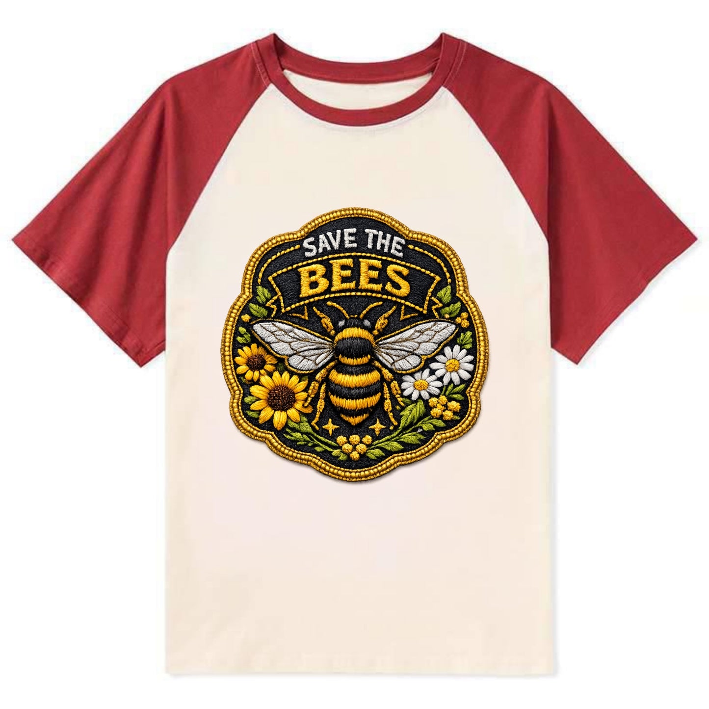 SAVE THE BEES - bee with flowers in yellow , pollinator protection - Contrast Raglan T-shirt - Red