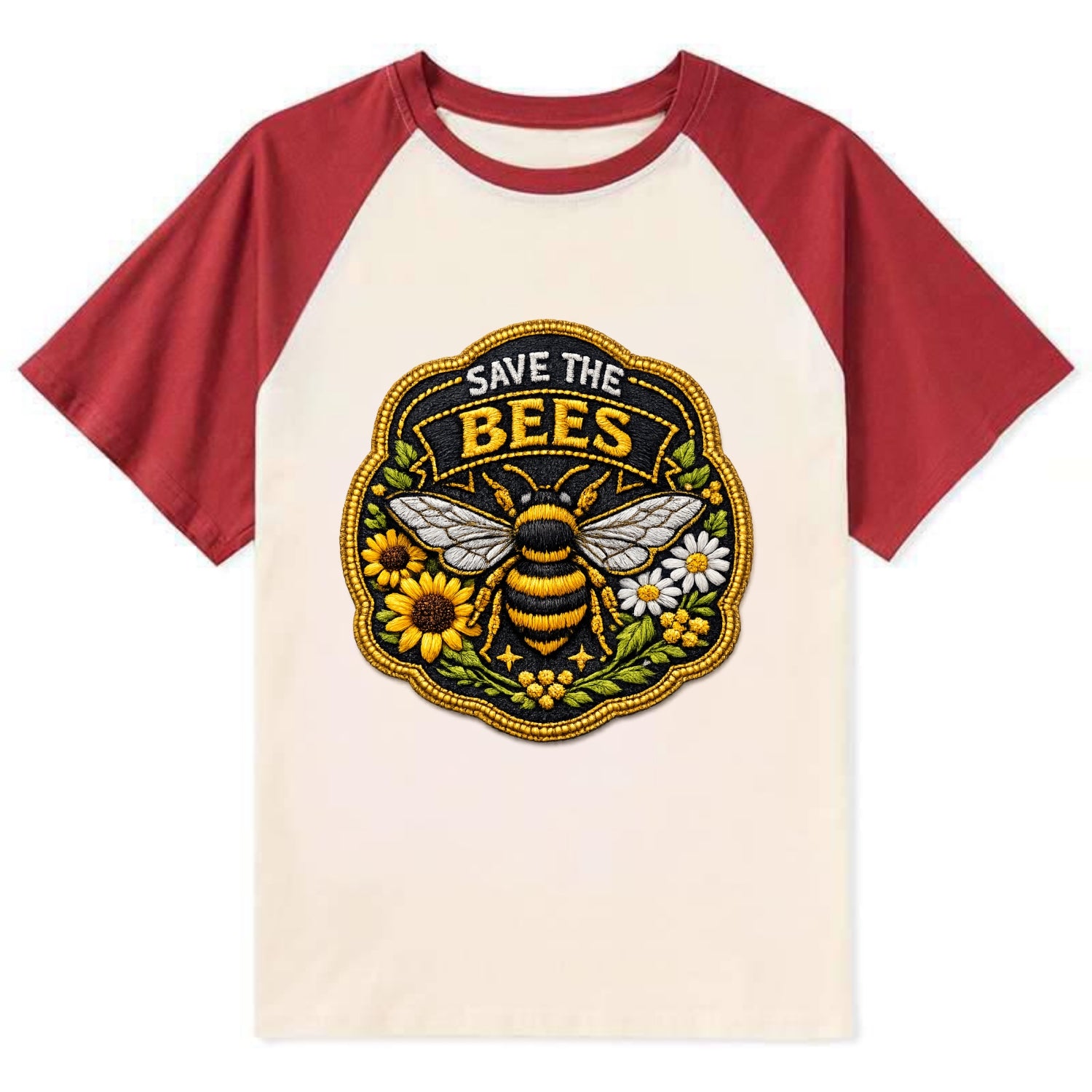 SAVE THE BEES - bee with flowers in yellow , pollinator protection - Contrast Raglan T-shirt - Red