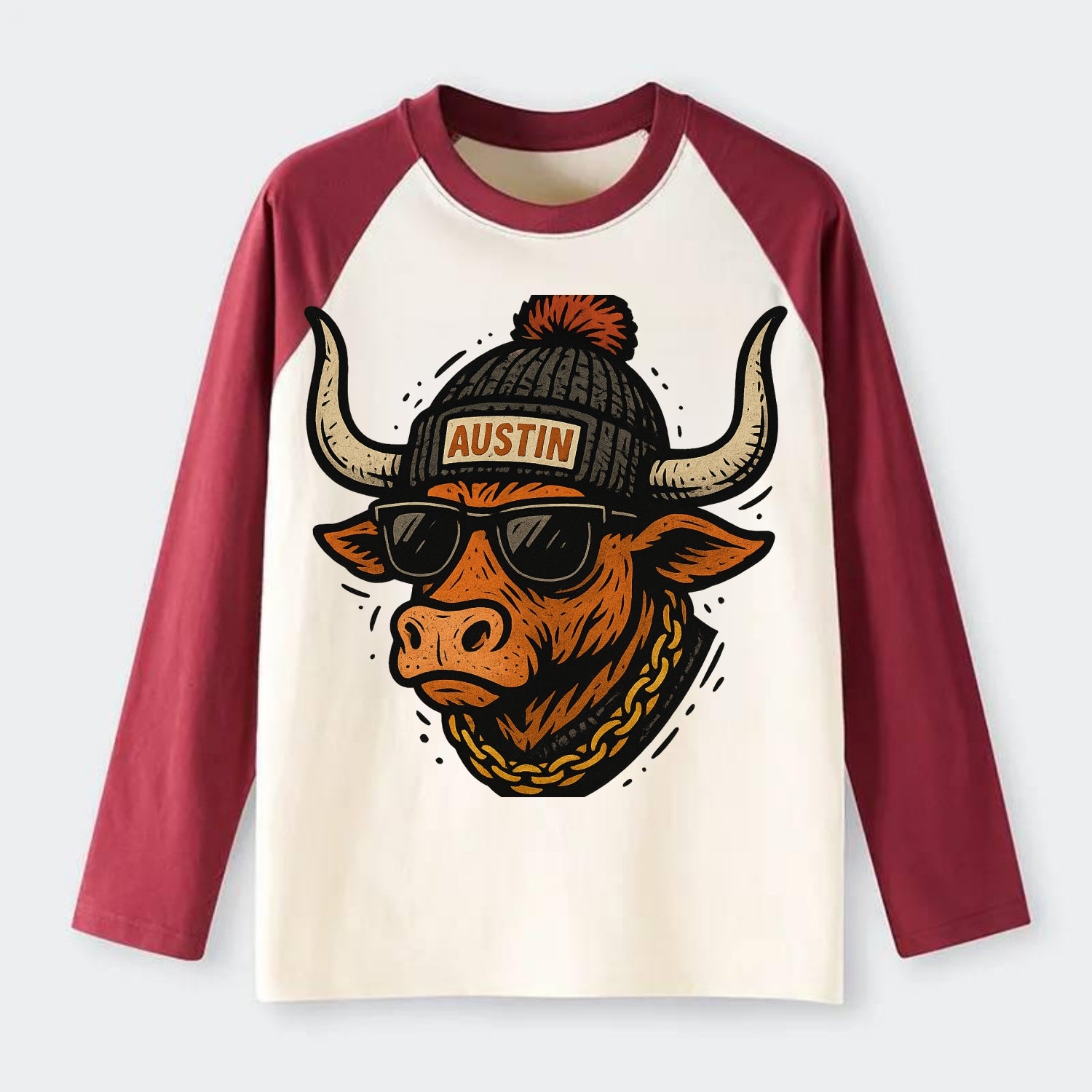 Texas Longhorn wearing Austin beanie with pom pom and wayfarer - Raglan Long Sleeve T-Shirt - Red