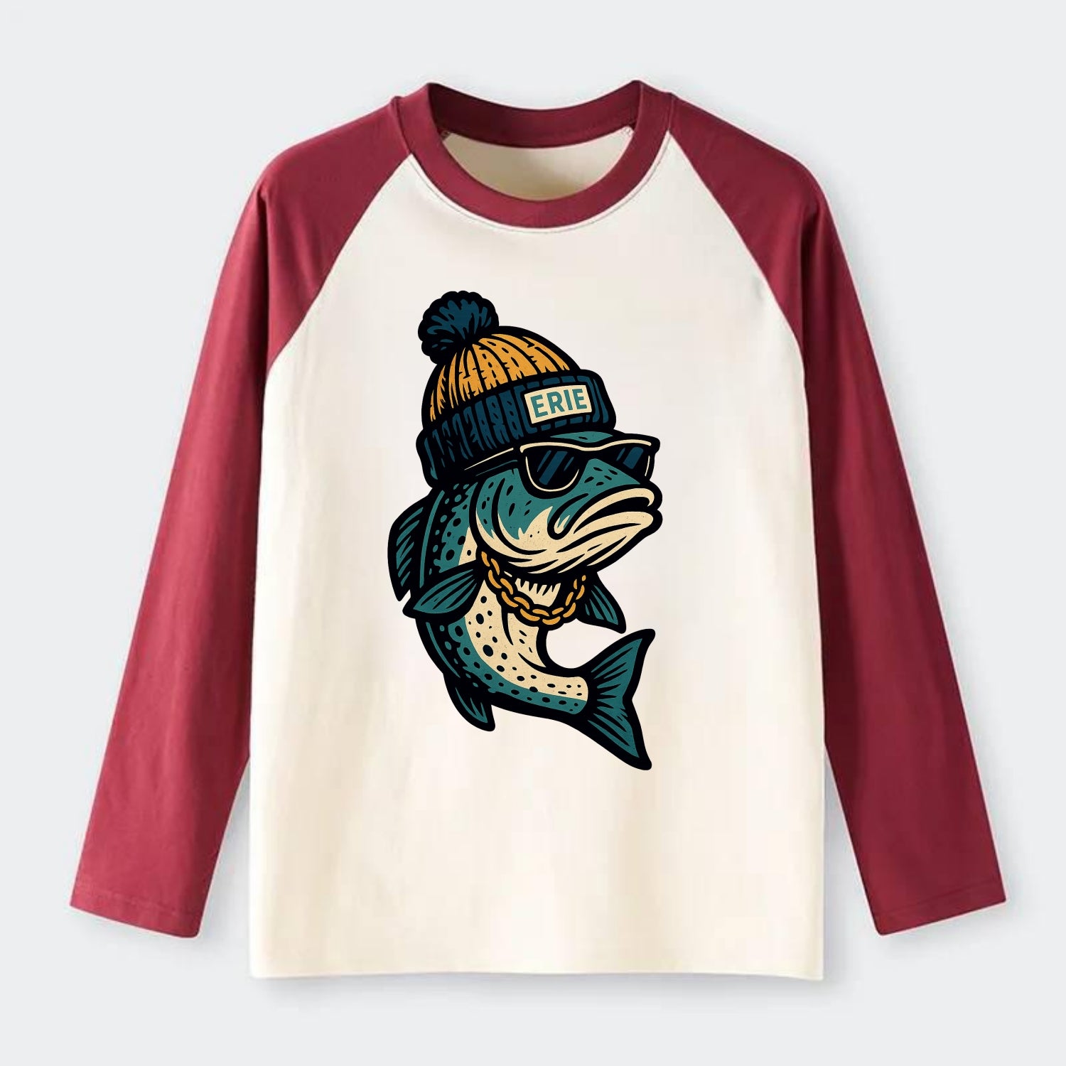 Erie Lake Trout wearing Erie beanie with - Raglan Long Sleeve T-Shirt - Red