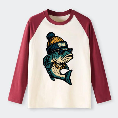 Erie Lake Trout wearing Erie beanie with - Raglan Long Sleeve T-Shirt - Red