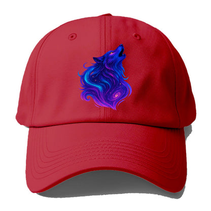 Noble wolf with flowing fur that transforms into aurora borealis streams, cyan and - Baseball Cap - Red
