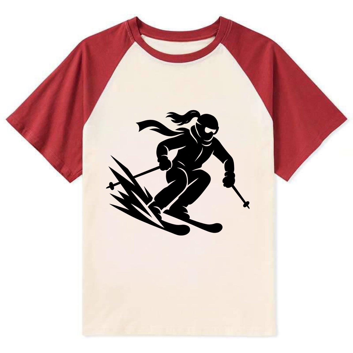 Skier carving down snowy slope - Contrast Raglan T-shirt - Red