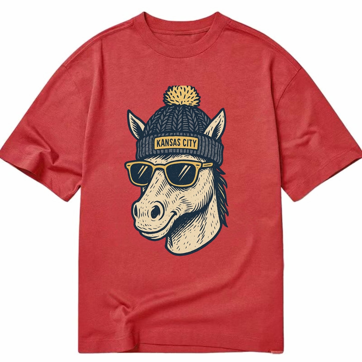 Missouri Mule wearing Kansas City beanie with pom pom and wayfarer sunglasses - Classic T-shirt - Red