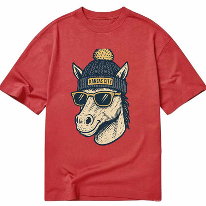 Missouri Mule wearing Kansas City beanie with pom pom and wayfarer sunglasses - Classic T-shirt - Red