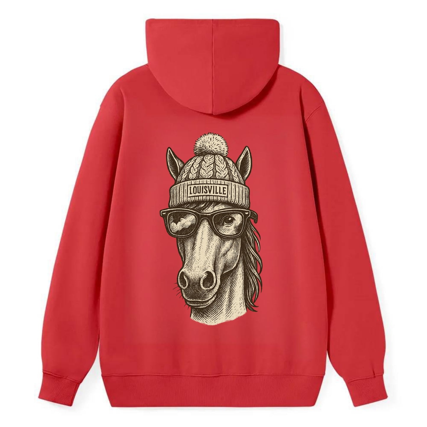 Kentucky Thoroughbred Horse wearing Louisville beanie with pom pom and - Classic Pullover Hoodie - Red