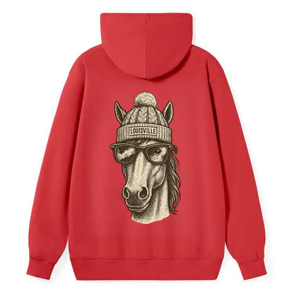 Kentucky Thoroughbred Horse wearing Louisville beanie with pom pom and - Classic Pullover Hoodie - Red