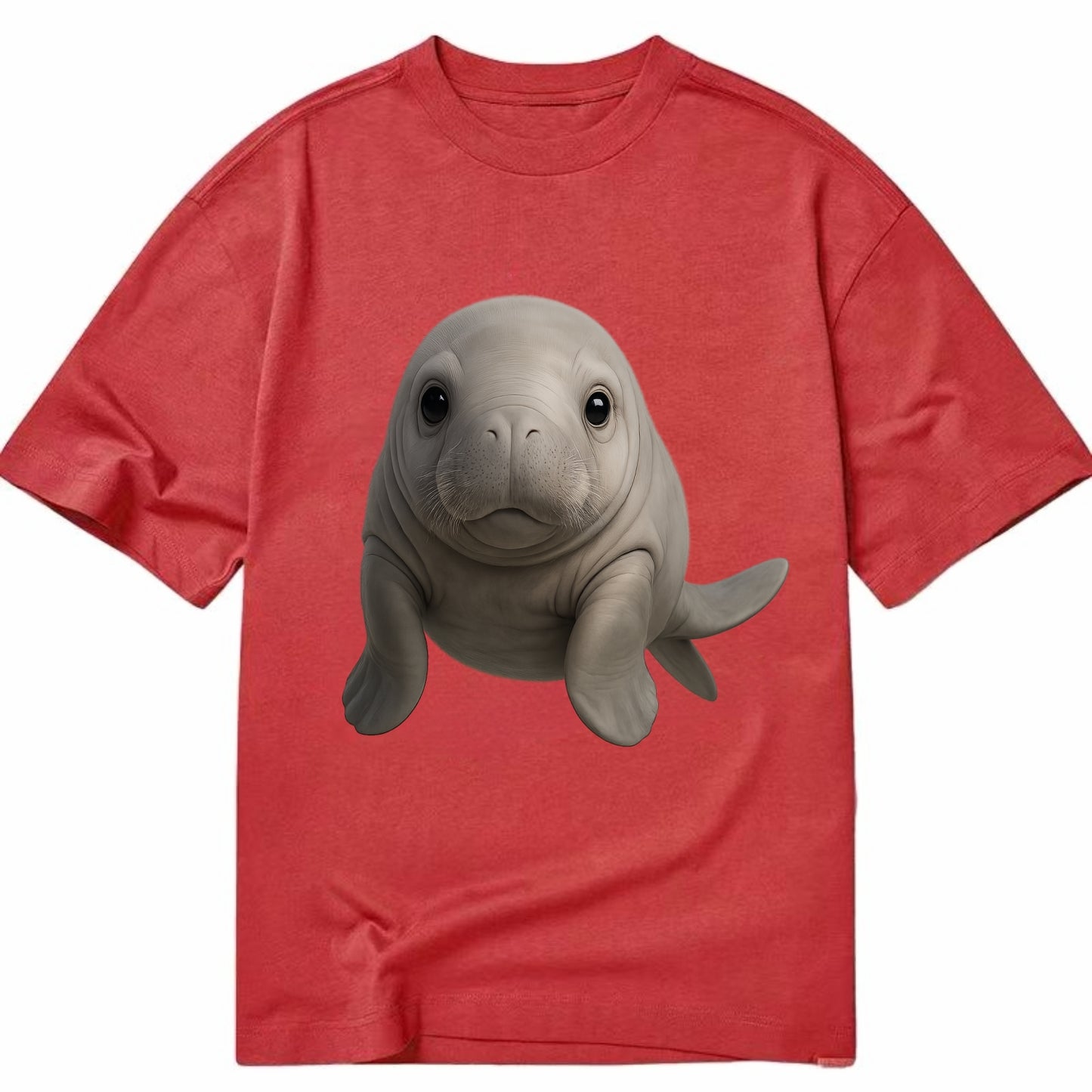 Baby Dugong - gray with paddle tail, gentle expression, whiskers, front-facing, - Classic T-shirt - Red