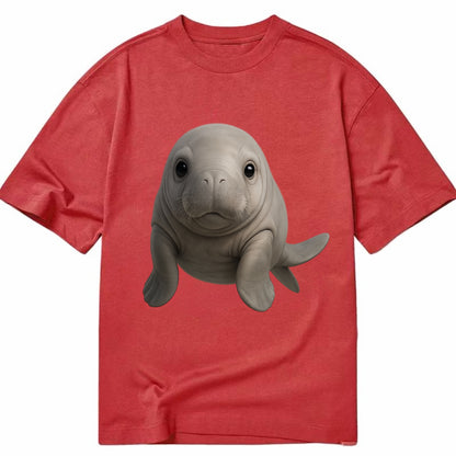 Baby Dugong - gray with paddle tail, gentle expression, whiskers, front-facing, - Classic T-shirt - Red