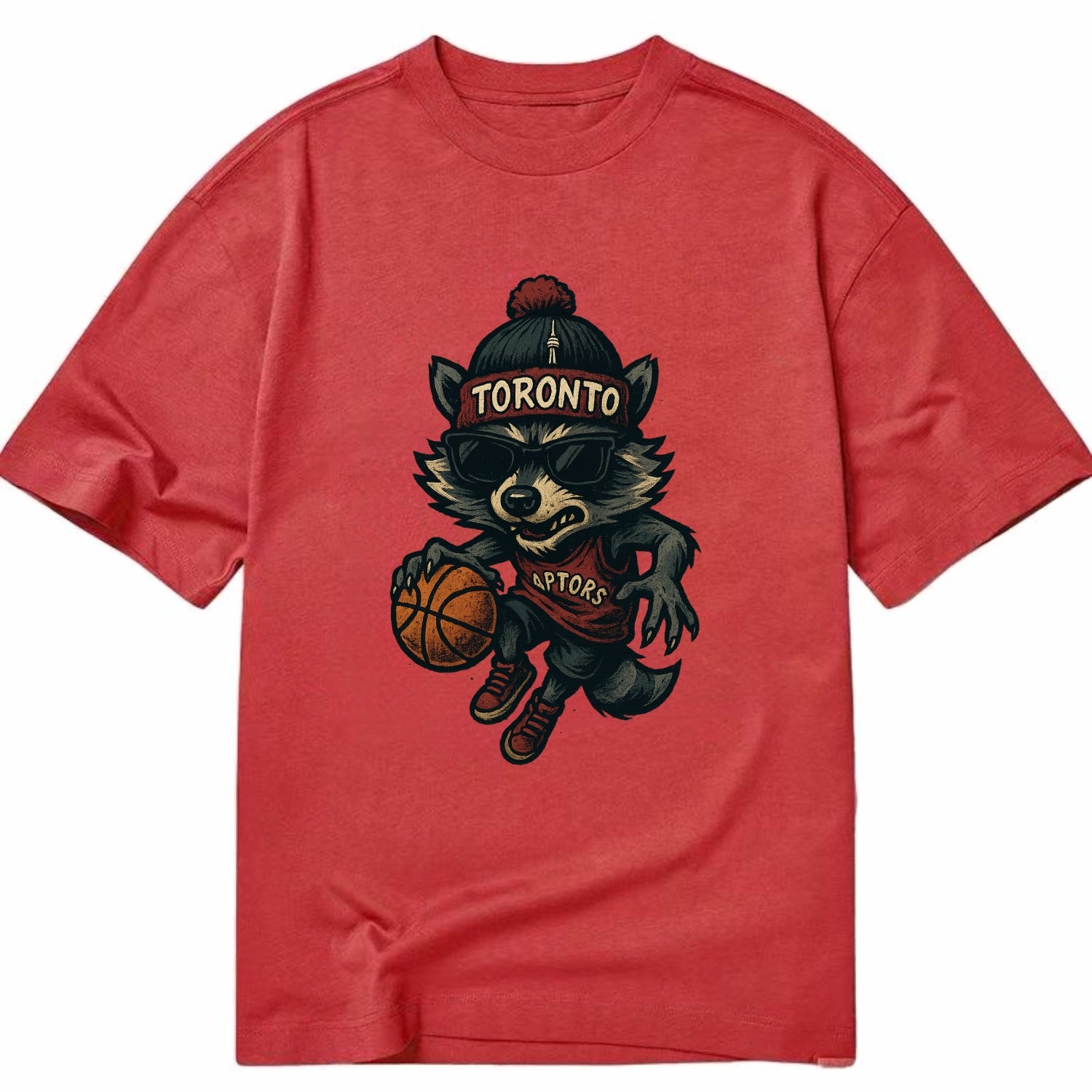Toronto Raccoon wearing Raptors beanie with CN Tower patch and wayfarer sunglasses - Classic T-shirt - Red
