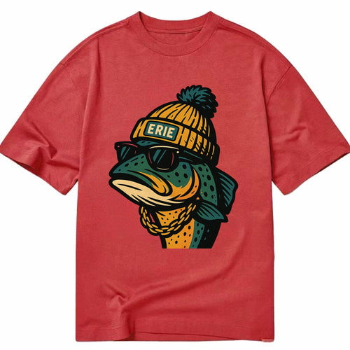 Erie Lake Trout wearing Erie beanie with pom pom and wayfarer sunglasses - Classic T-shirt