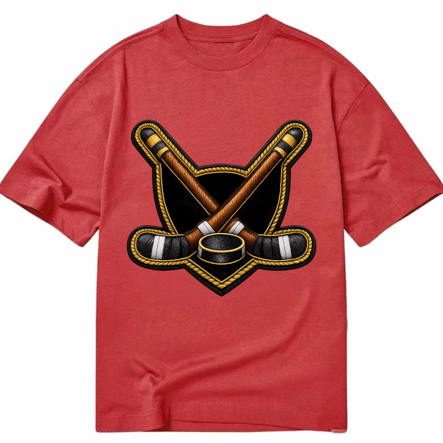 Embroidered patch design - HOCKEY CROSSED STICKS - ice hockey sticks with puck in - Classic T-shirt - Red