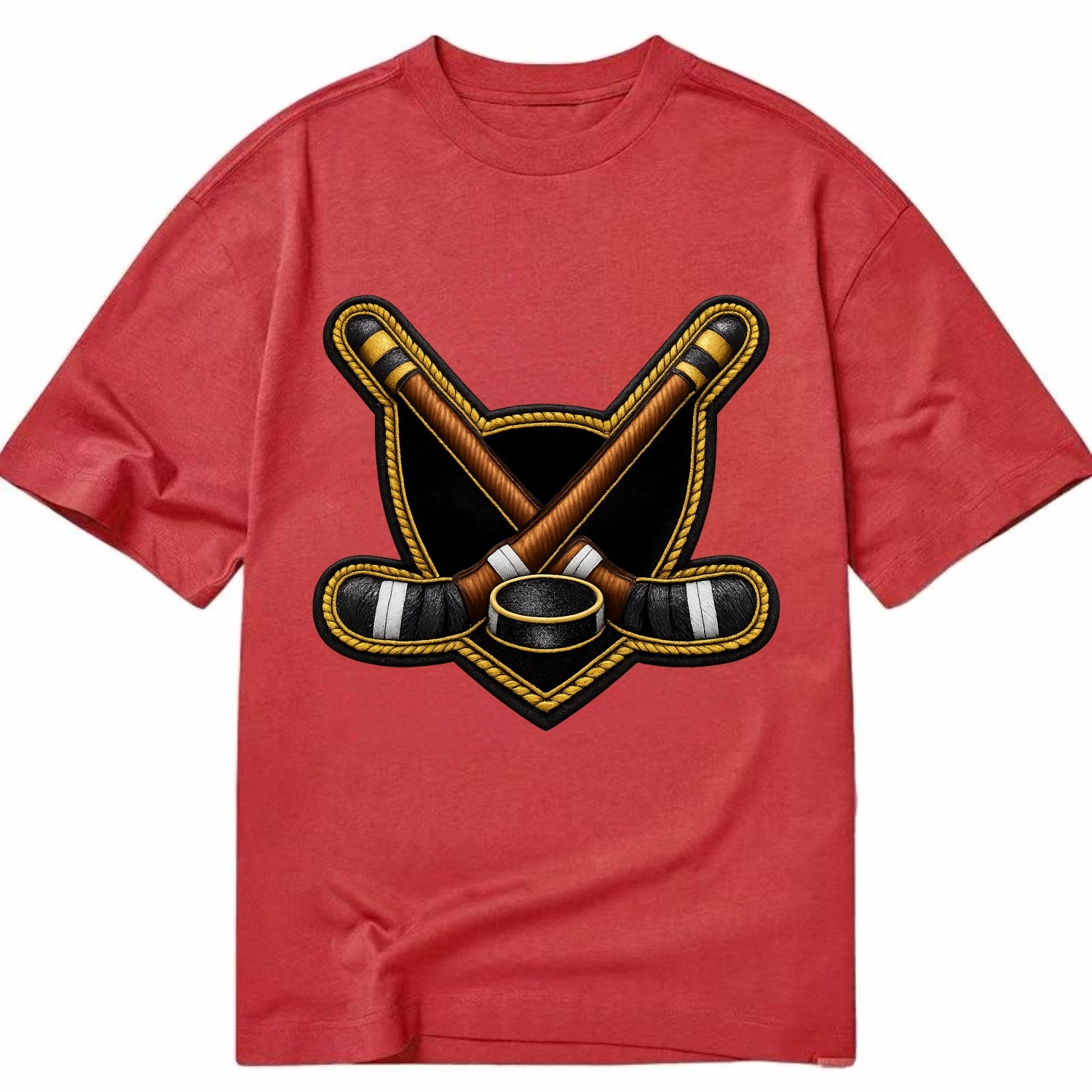 Embroidered patch design - HOCKEY CROSSED STICKS - ice hockey sticks with puck in - Classic T-shirt - Red