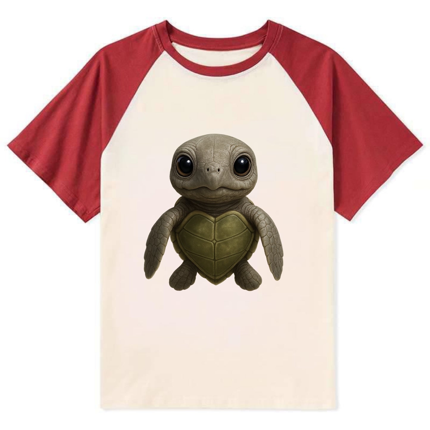 Baby Olive Ridley Turtle - olive green shell, heart-shaped carapace, - Contrast Raglan T-shirt - Red