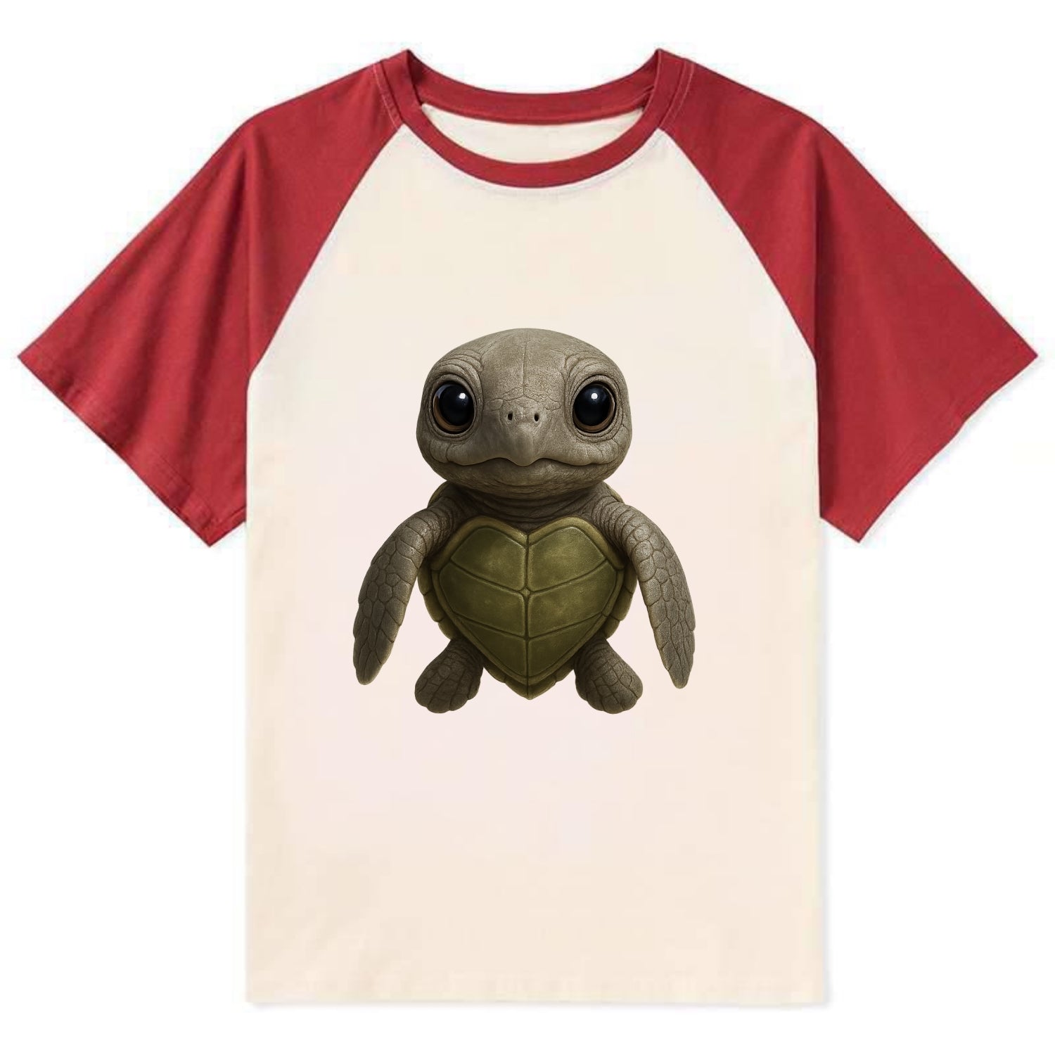 Baby Olive Ridley Turtle - olive green shell, heart-shaped carapace, - Contrast Raglan T-shirt - Red