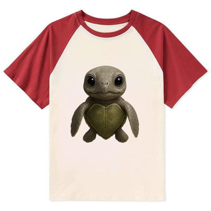 Baby Olive Ridley Turtle - olive green shell, heart-shaped carapace, - Contrast Raglan T-shirt - Red