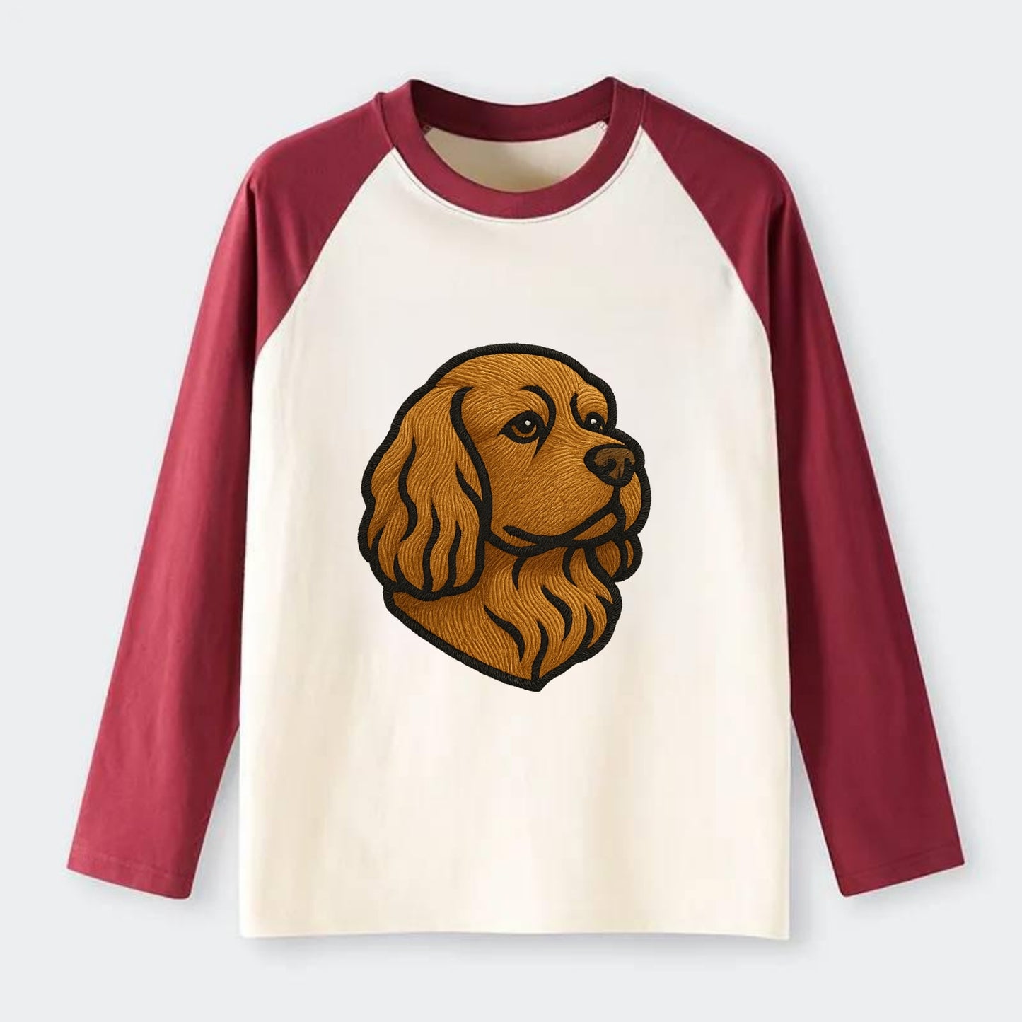 Sussex Spaniel - Golden liver embroidered low-set design - Raglan Long Sleeve T-Shirt - Red