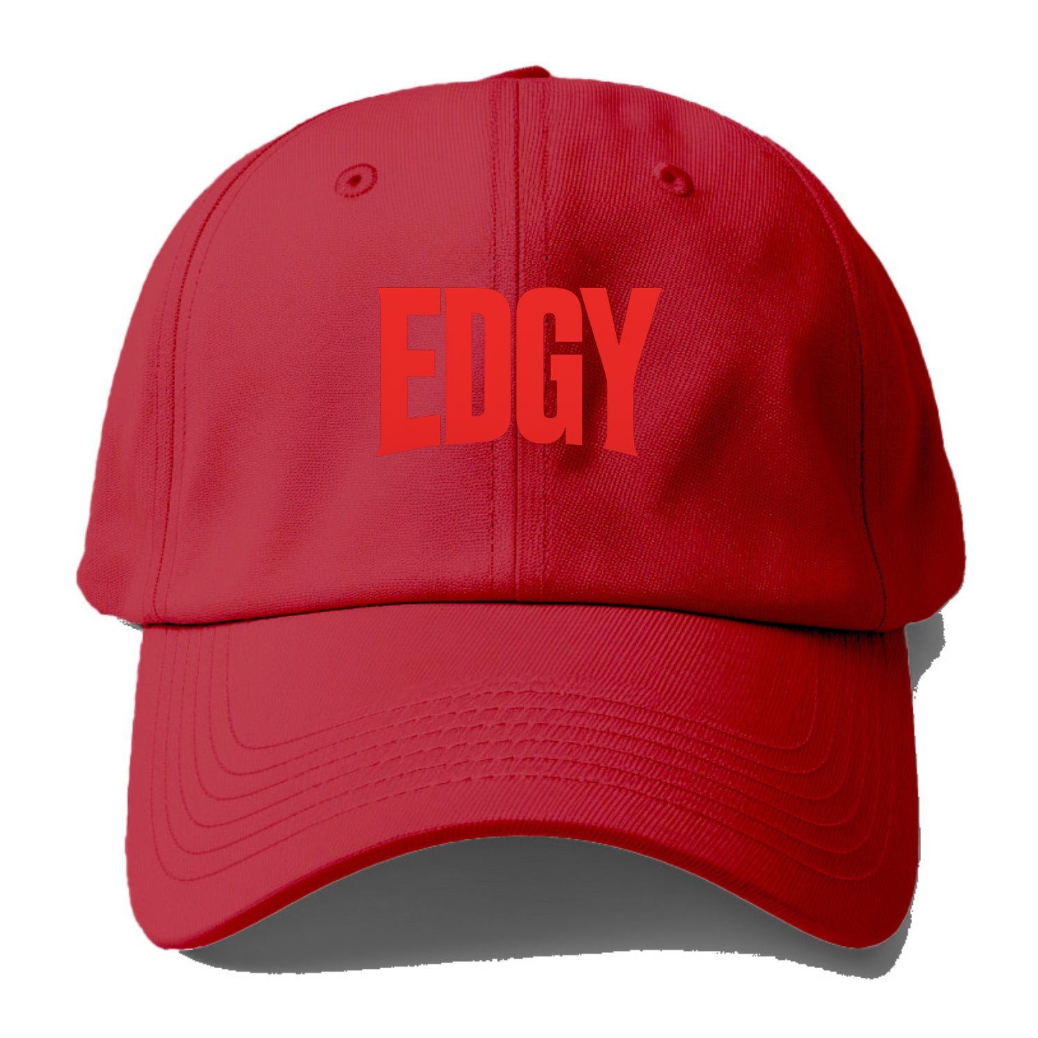 Bold typography design - "EDGY" - pushing boundaries, unconventional - Baseball Cap - Red