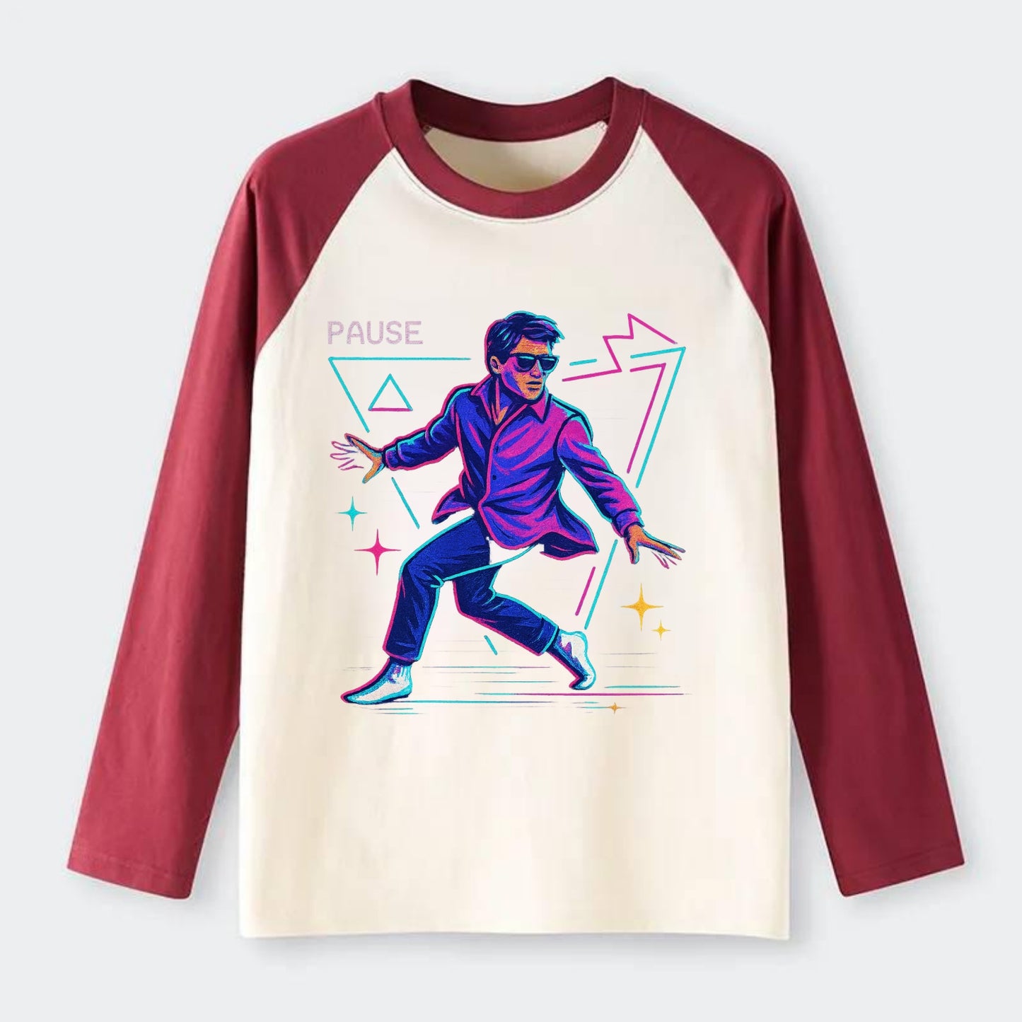 confident figure sliding across polished wooden floor in socks and - Raglan Long Sleeve T-Shirt - Red