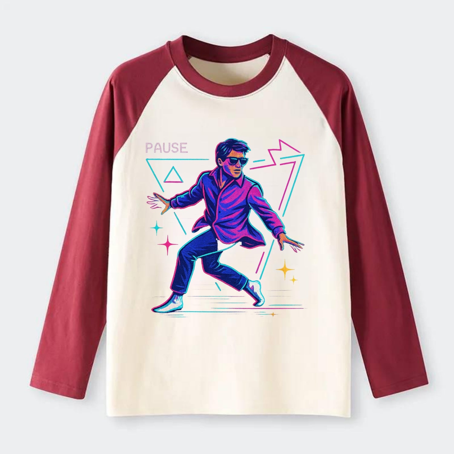 confident figure sliding across polished wooden floor in socks and - Raglan Long Sleeve T-Shirt - Red