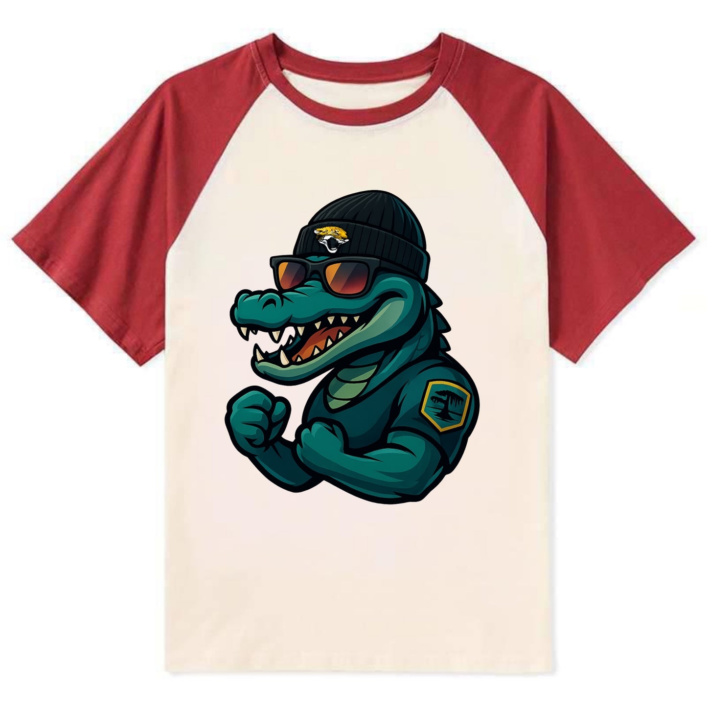 Jacksonville Alligator wearing Jaguars beanie with swamp patch and - Contrast Raglan T-shirt - Red