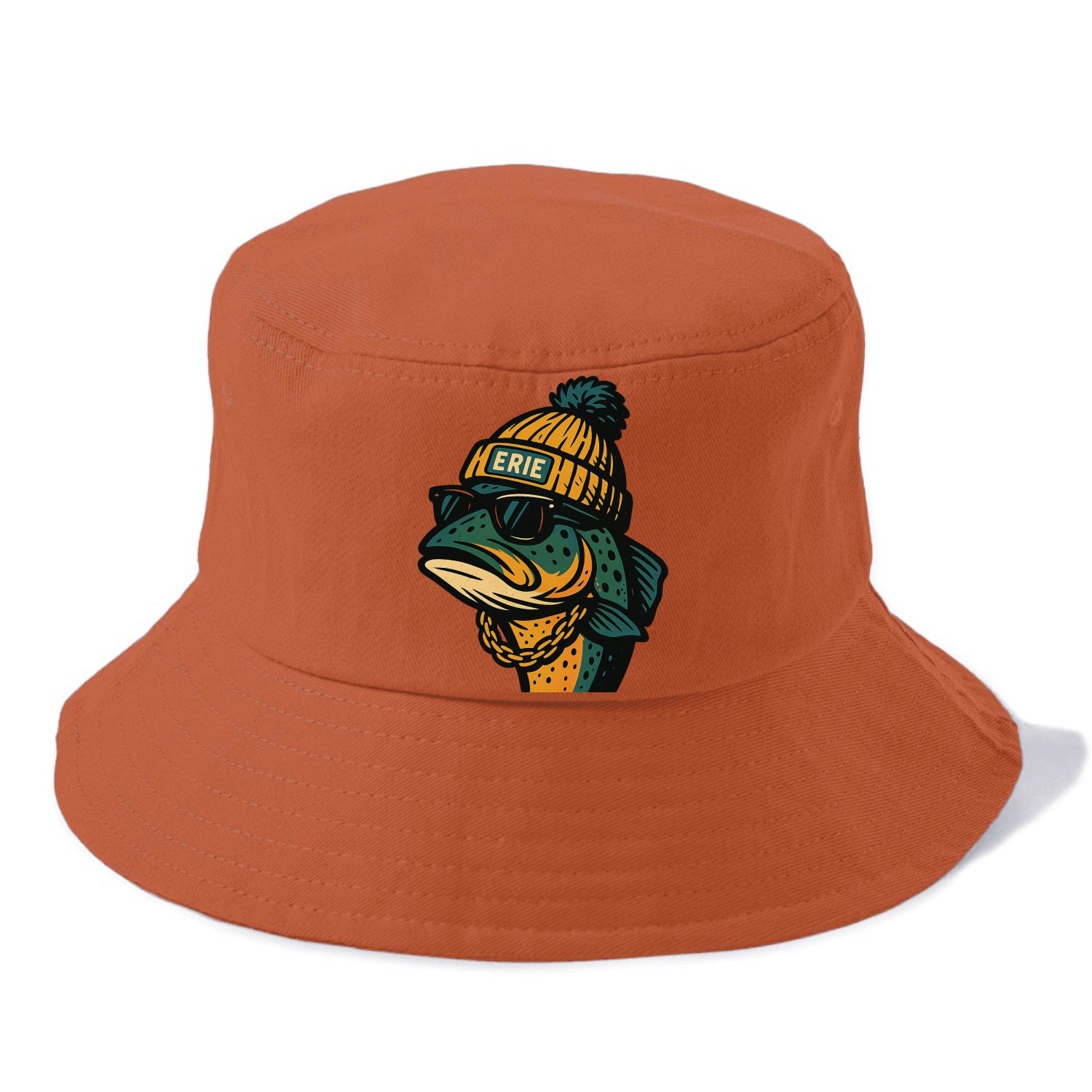 Erie Lake Trout wearing Erie beanie with pom pom and wayfarer sunglasses - Bucket Hat - Red