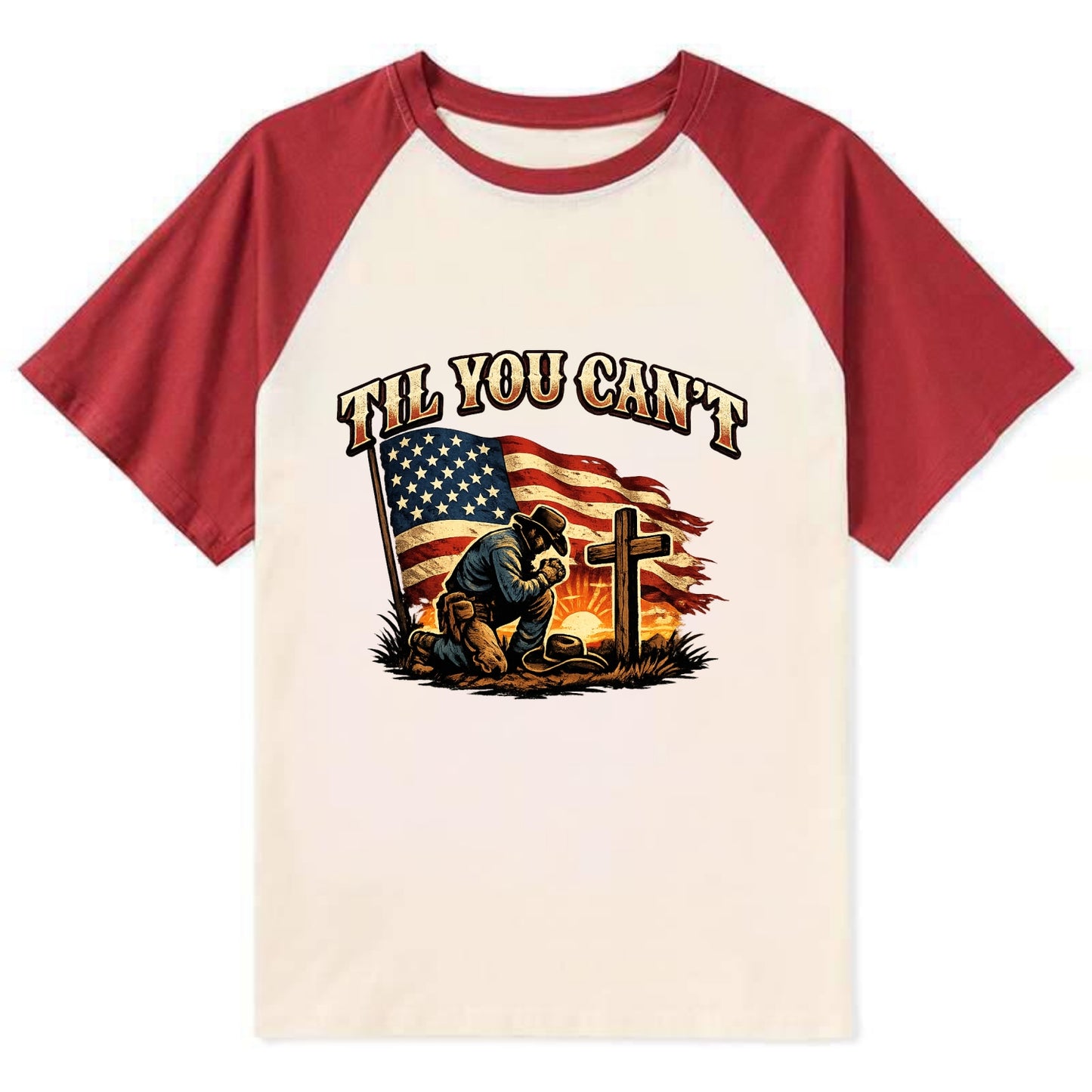Til You Cant - Praying Cowboy - Contrast Raglan T-shirt - Red