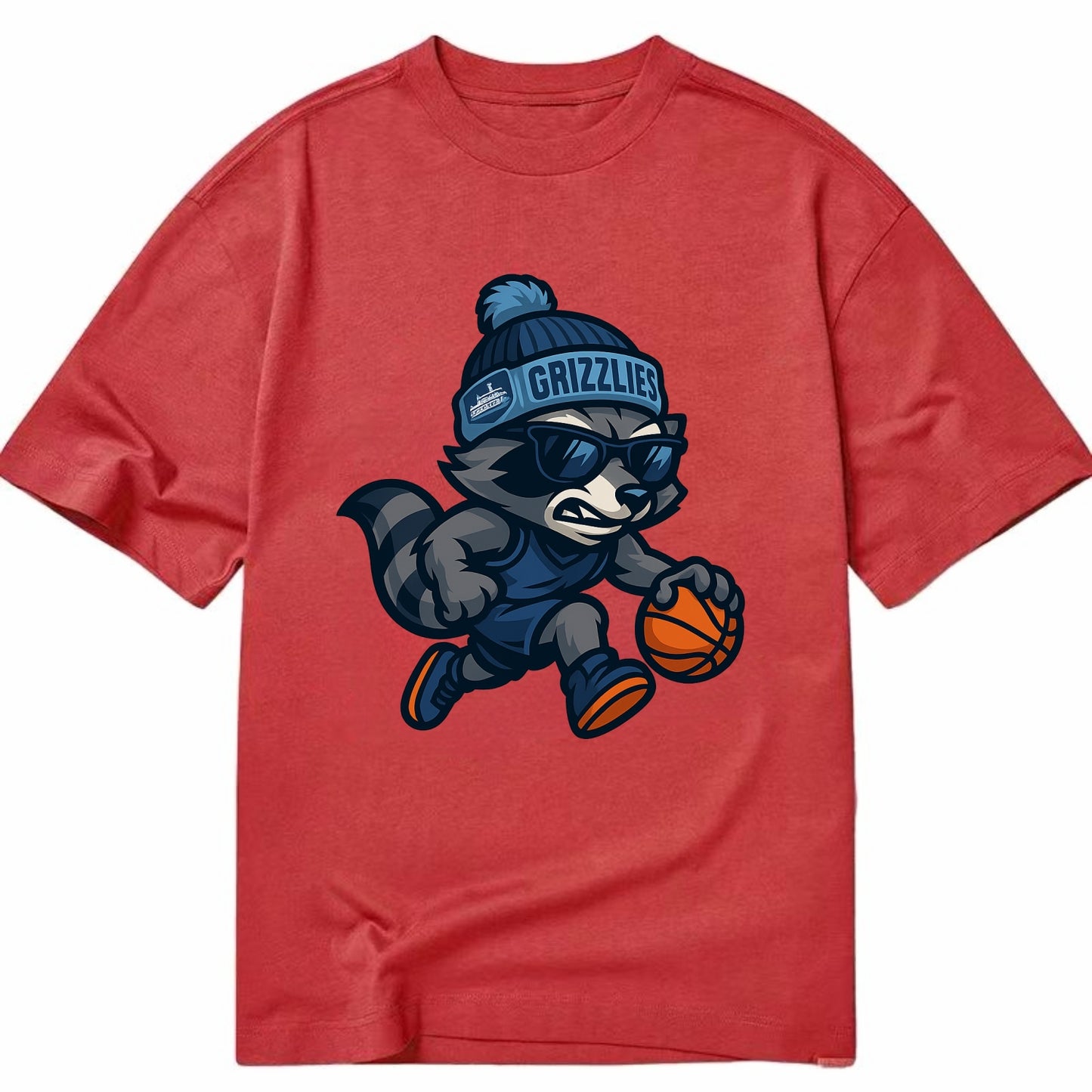 Memphis Raccoon wearing Grizzlies beanie with riverboat patch and wayfarer - Classic T-shirt - Red