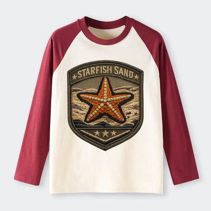 STARFISH SAND - sea star in orange and tan , beachcomber - Raglan Long Sleeve T-Shirt - Red