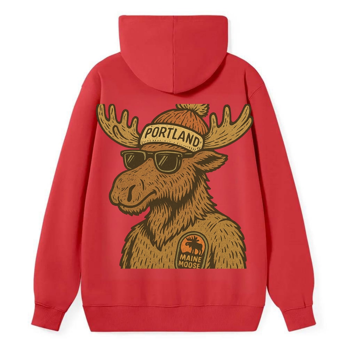 Maine Moose wearing Portland beanie with pom pom and wayfarer sunglasses - Classic Pullover Hoodie - Red