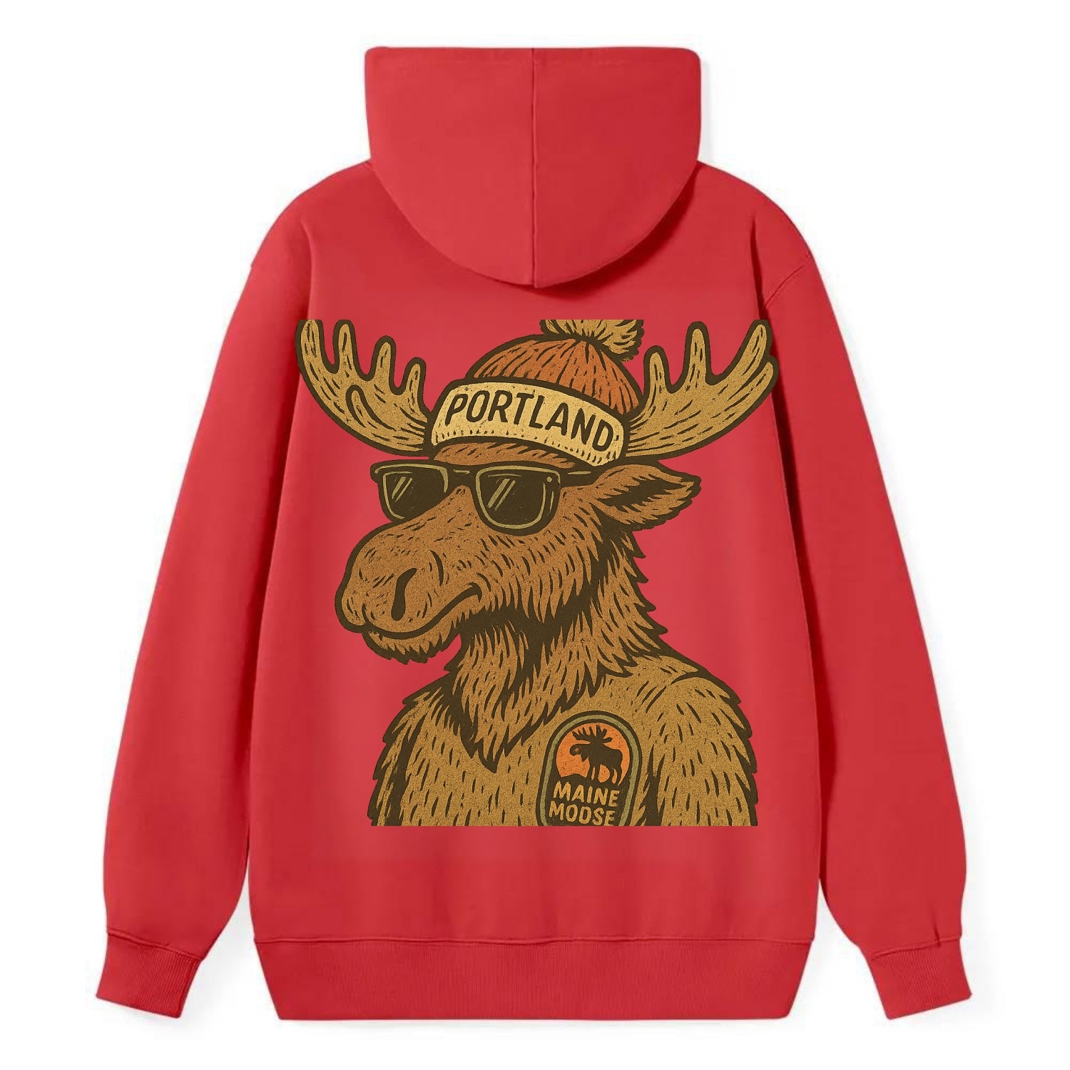 Maine Moose wearing Portland beanie with pom pom and wayfarer sunglasses - Classic Pullover Hoodie - Red