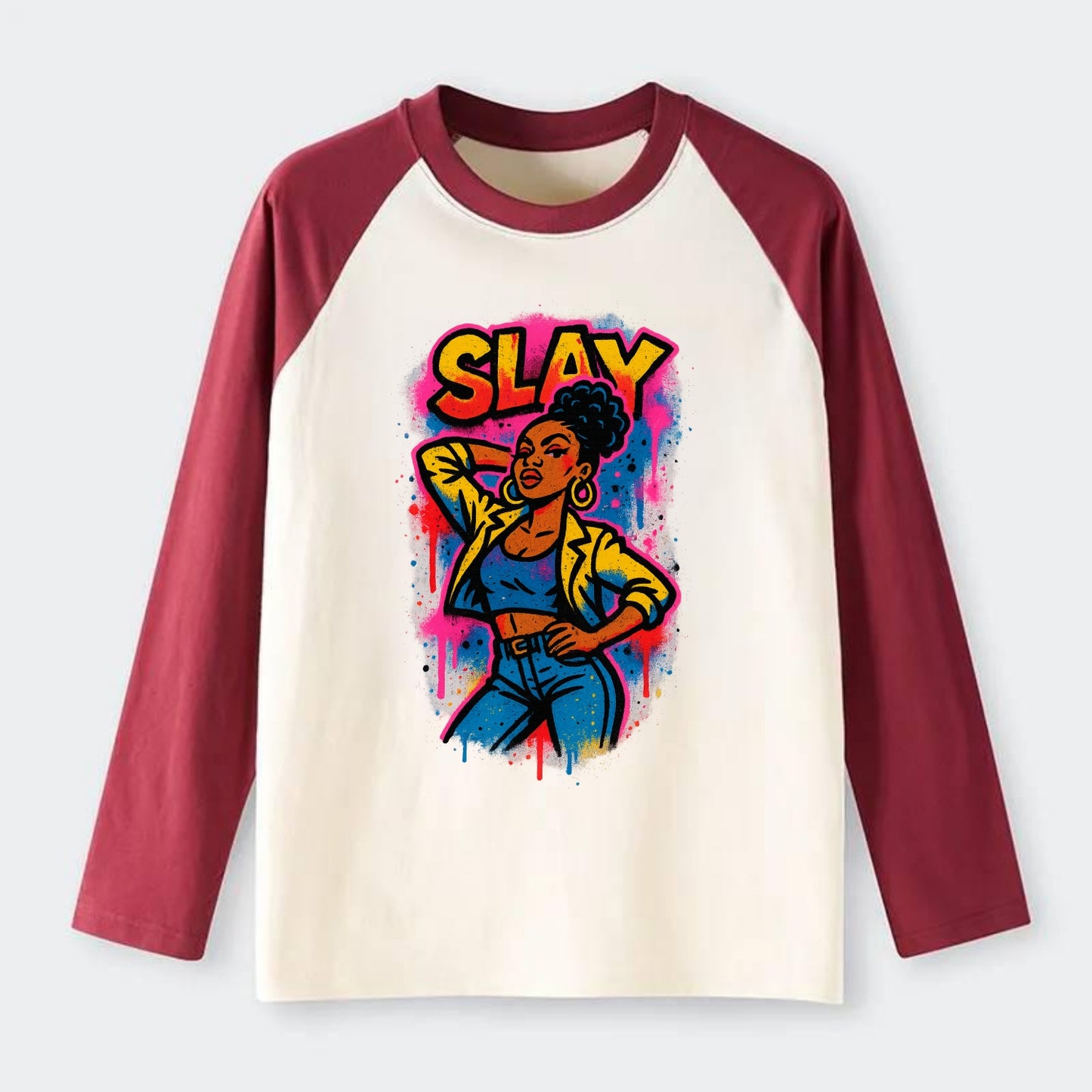 Empowered figure striking confident pose - "slay" culture, fierce and - Raglan Long Sleeve T-Shirt - Red