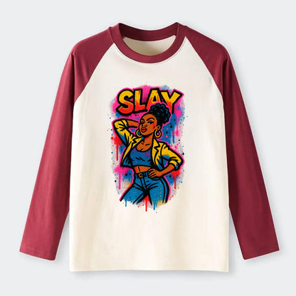 Empowered figure striking confident pose - "slay" culture, fierce and - Raglan Long Sleeve T-Shirt - Red