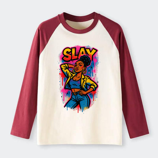 Empowered figure striking confident pose - "slay" culture, fierce and - Raglan Long Sleeve T-Shirt - Red