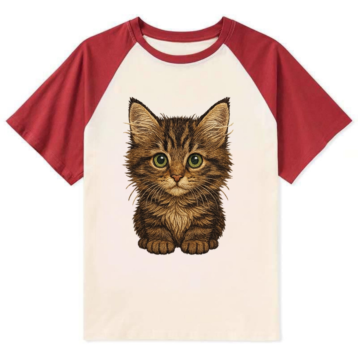 Baby Maine Coon Kitten - large fluffy tabby, tufted ears, big green eyes, - Contrast Raglan T-shirt - Red