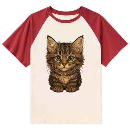 Baby Maine Coon Kitten - large fluffy tabby, tufted ears, big green eyes, - Contrast Raglan T-shirt - Red