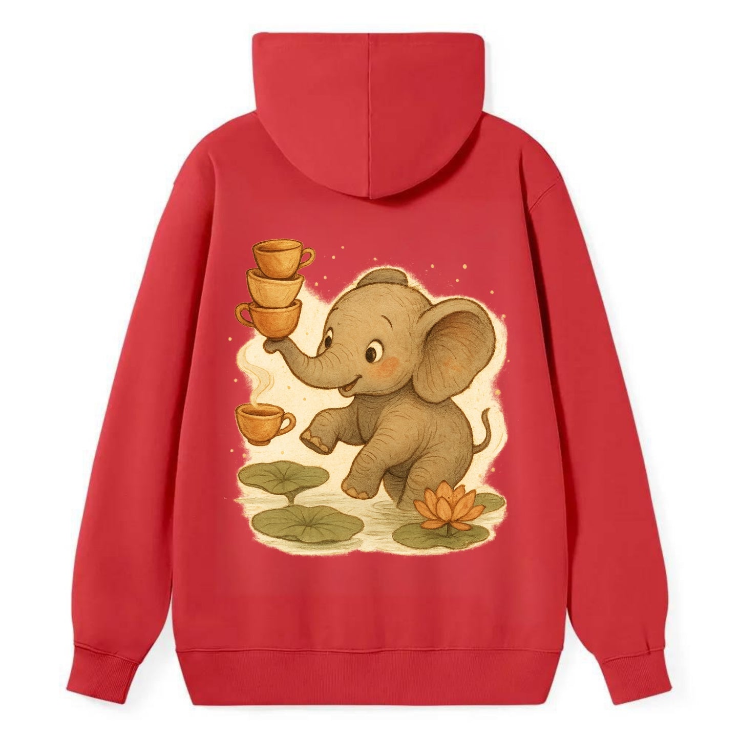 Elephant balancing teacups during a floating tea ceremony beside lotus - Classic Pullover Hoodie - Red