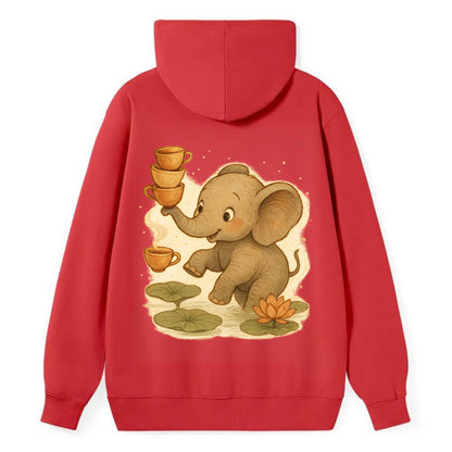 Elephant balancing teacups during a floating tea ceremony beside lotus - Classic Pullover Hoodie - Red
