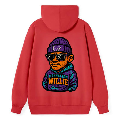 Manhattan Willie wearing Kansas State beanie with powercat patch - Classic Pullover Hoodie - Red