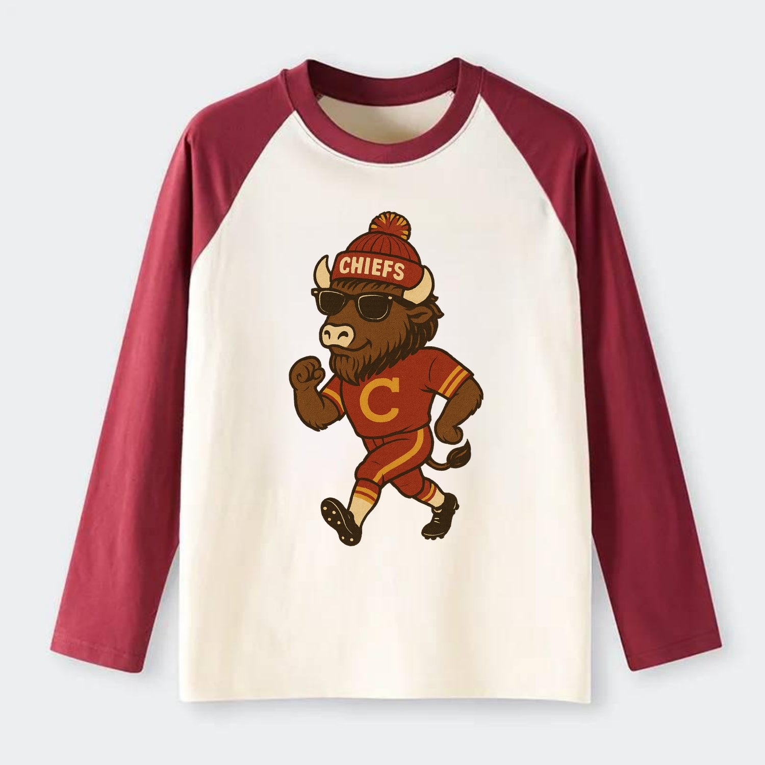 KC Bison wearing Chiefs beanie with arrowhead patch and wayfarer - Raglan Long Sleeve T-Shirt - Red